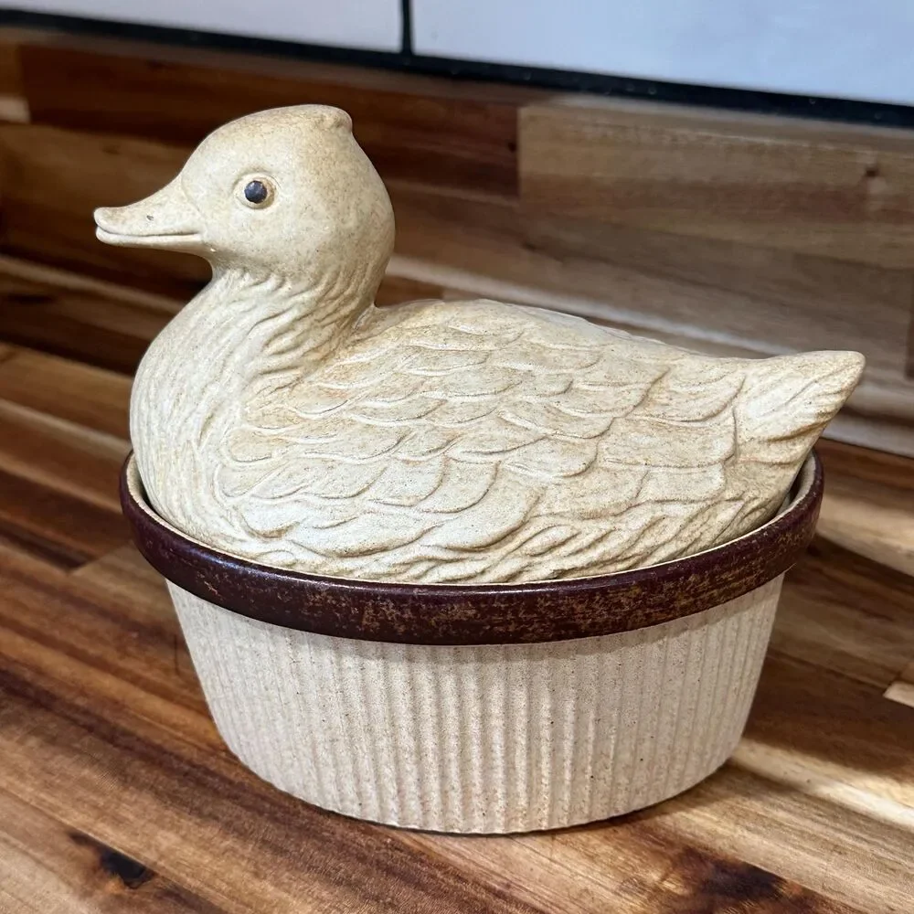 Vintage Pottery Craft Duck Ramikin Lidded Casserole Dish - USA - 6 1/2” x 5”